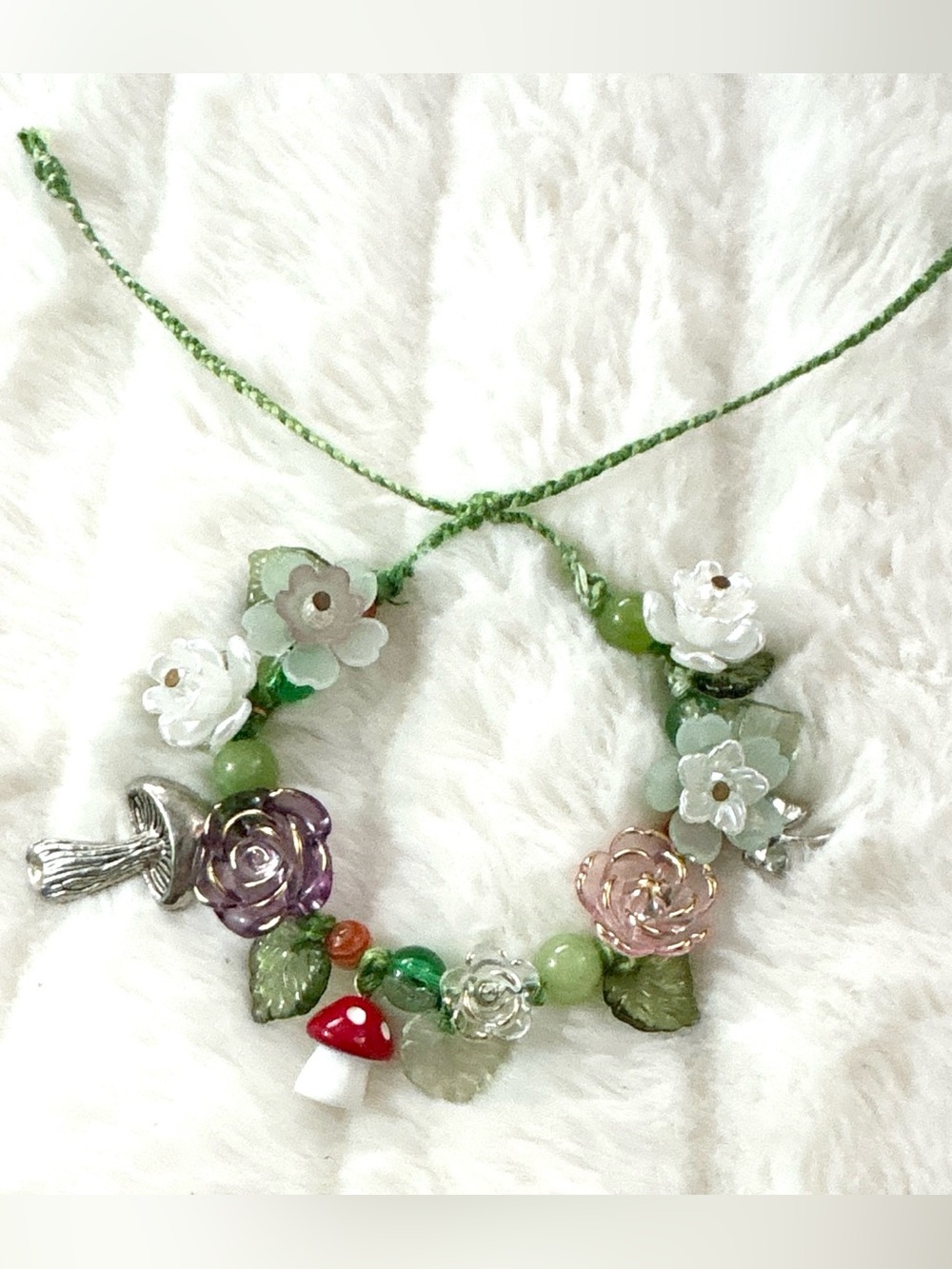 Handmade Green Floral Beaded Adjustable Pull String Bracelet with Mushroom Charm